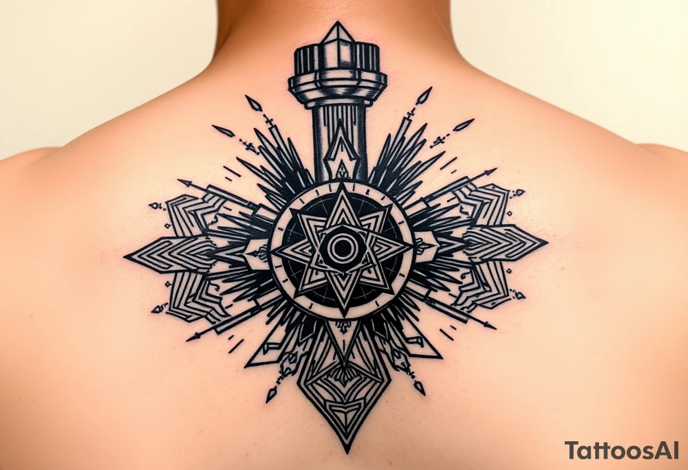 Geometric industrial design, central piston actively compressing carbon into diamond crystal, fuel injection creating controlled explosion patterns, geometric sacred patterns forming from the pressure waves, alchemical transformation symbols worked into the mechanical framework, active motion suggested through line work, upper arm placement, black work with detailed shading tattoo idea
