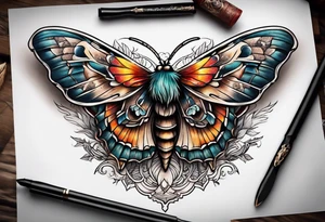 Moth flying around near a campfire tattoo idea