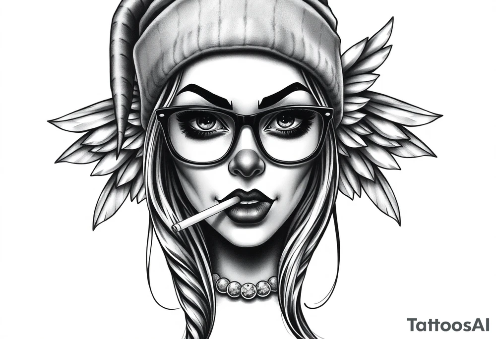 beautiful long hair pin up Clown face Girl payasa  thug beanie eyeglasses  angelic wings smoking a cigarette tattoo idea