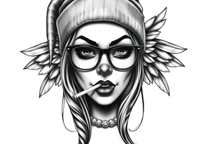 beautiful long hair pin up Clown face Girl payasa  thug beanie eyeglasses  angelic wings smoking a cigarette tattoo idea