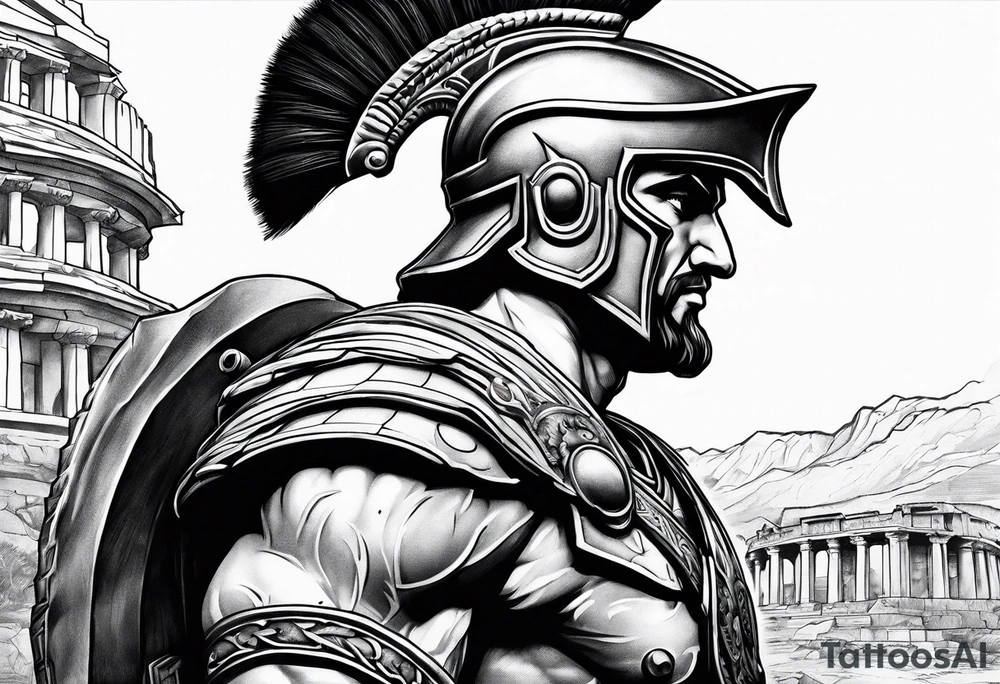 Side profile Spartan Solider ancient roman city in the background tattoo idea Side profile Spartan Solider ancient roman city in the background tattoo idea