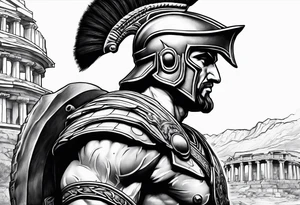 Side profile Spartan Solider ancient roman city in the background tattoo idea