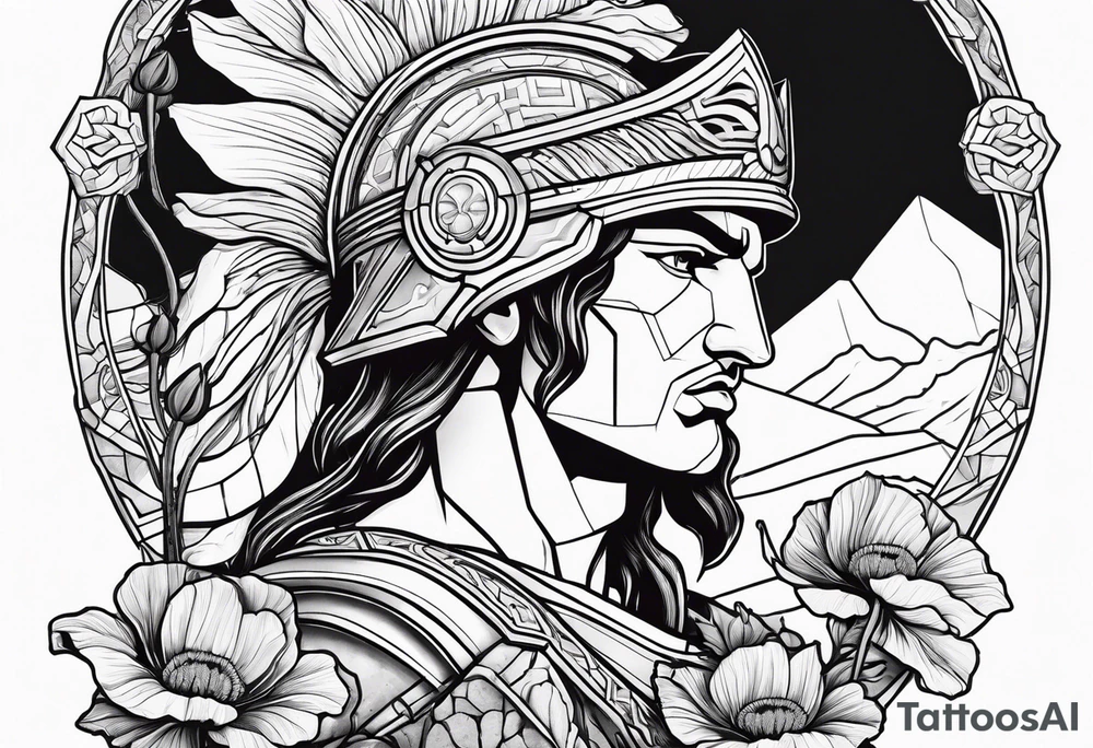 Greek warrior tending to Poppy flower growing out of rock tattoo idea