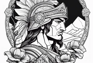 Greek warrior tending to Poppy flower growing out of rock tattoo idea