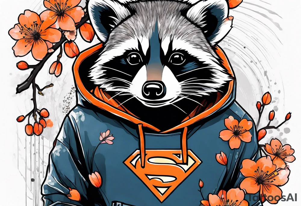 raccoon wearing a black and white Superman hoodie and orange Japanese cherry blossoms tattoo idea