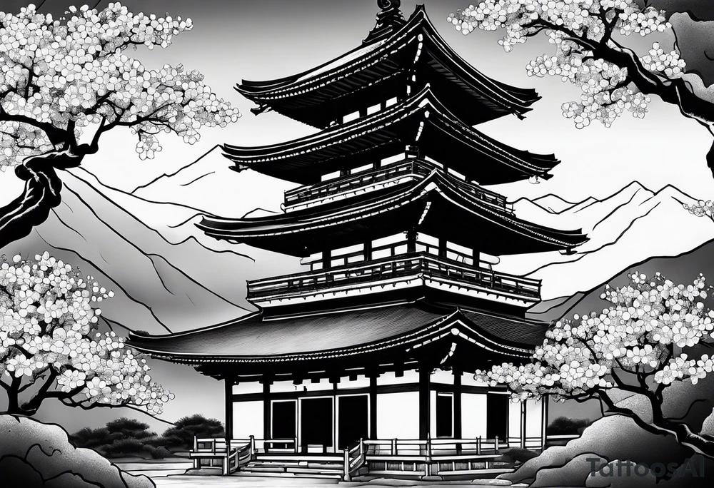 Japanese temple with cherry blossom surrounding tattoo idea