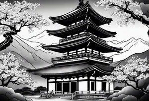 Japanese temple with cherry blossom surrounding tattoo idea