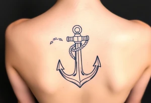 weathered anchor wrapped in nautical rope with sea waves tattoo idea