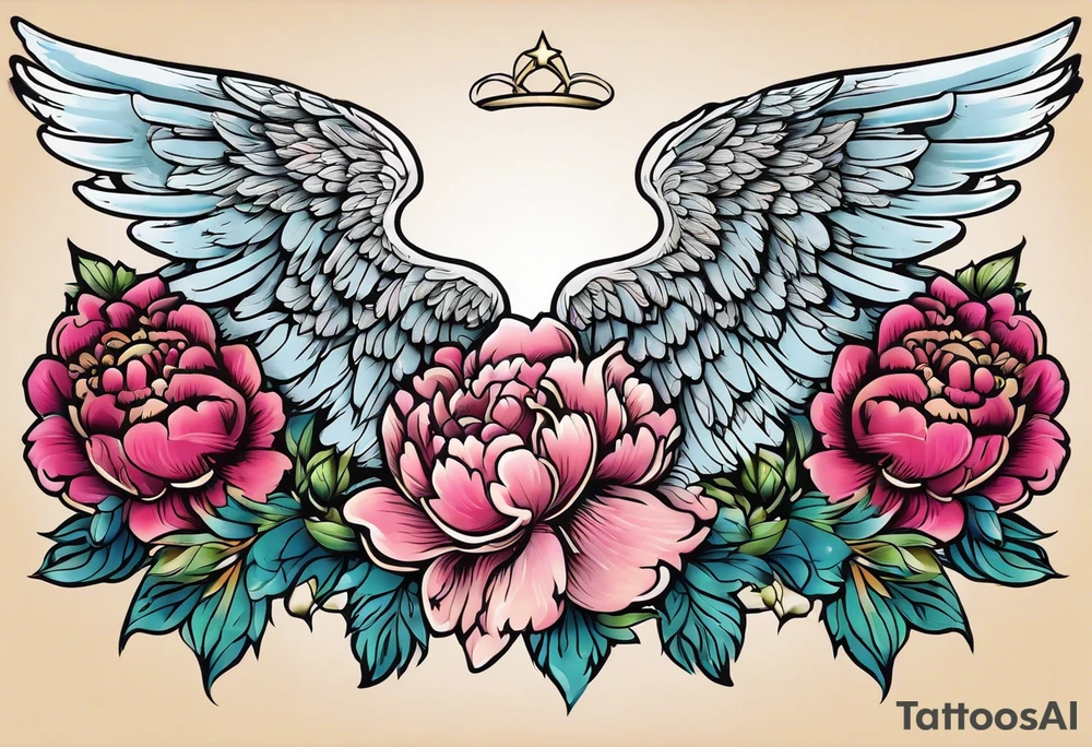 beautiful angel wings with colorful, peonies. beautiful flilligree in the background , full color, traditional old school , white background tattoo idea