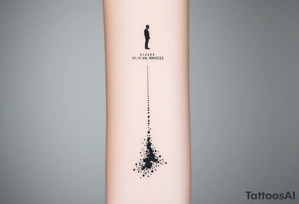 Black-ink minimalistic forearm tattoo symbolizing father watching over son and continuation of his legacy. Central design: fragmented path at bottom becoming solid as it rises. Along the path, particle-like dots flow upward, symbolizing father’s energy cheering the son on. At top, faint abstract father figure made of lines and particles, integrated into composition. Include Roman numerals VI·IV·MMXXIII and optional phrase “Building what he couldn’t”. Fine-line minimal style, vertical forearm layout, clean, emotionally powerful, black ink only tattoo idea