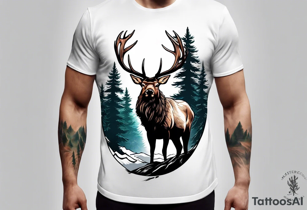 sleeve pine tree moutain elk tattoo idea