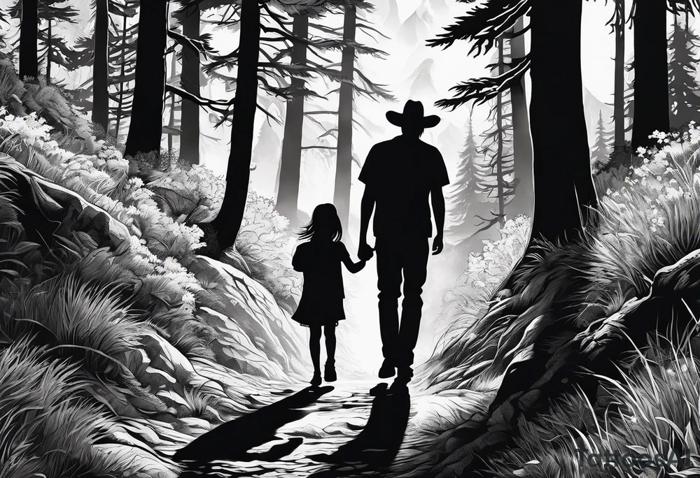 A shadow of a Man and Woman and young son and young daughter  walking through the Pacific Northwest Forrest. Crosses. tattoo idea