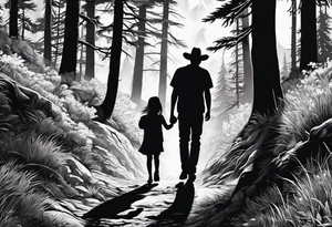 A shadow of a Man and Woman and young son and young daughter  walking through the Pacific Northwest Forrest. Crosses. tattoo idea