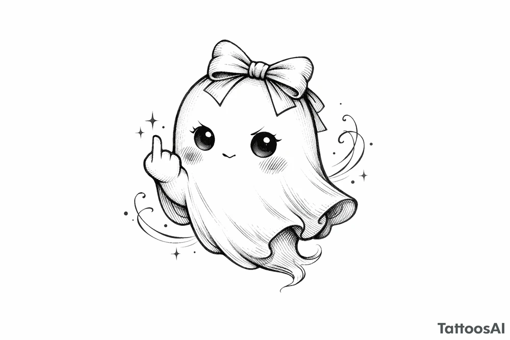 Cute ghost in a bow giving the bird, anime style, soft shading, small. tattoo idea