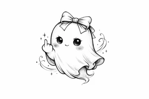 Cute ghost in a bow giving the bird, anime style, soft shading, small. tattoo idea
