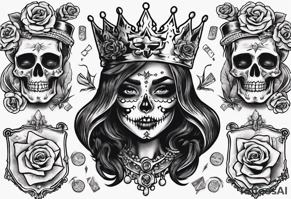 santa la muerta with money and crown
on the card tattoo idea