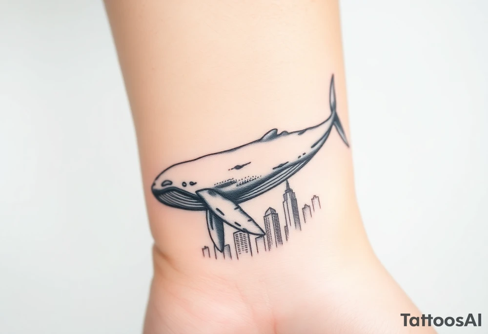 Blue whale flying above new york city tattoo idea