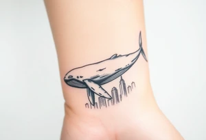 Blue whale flying above new york city tattoo idea