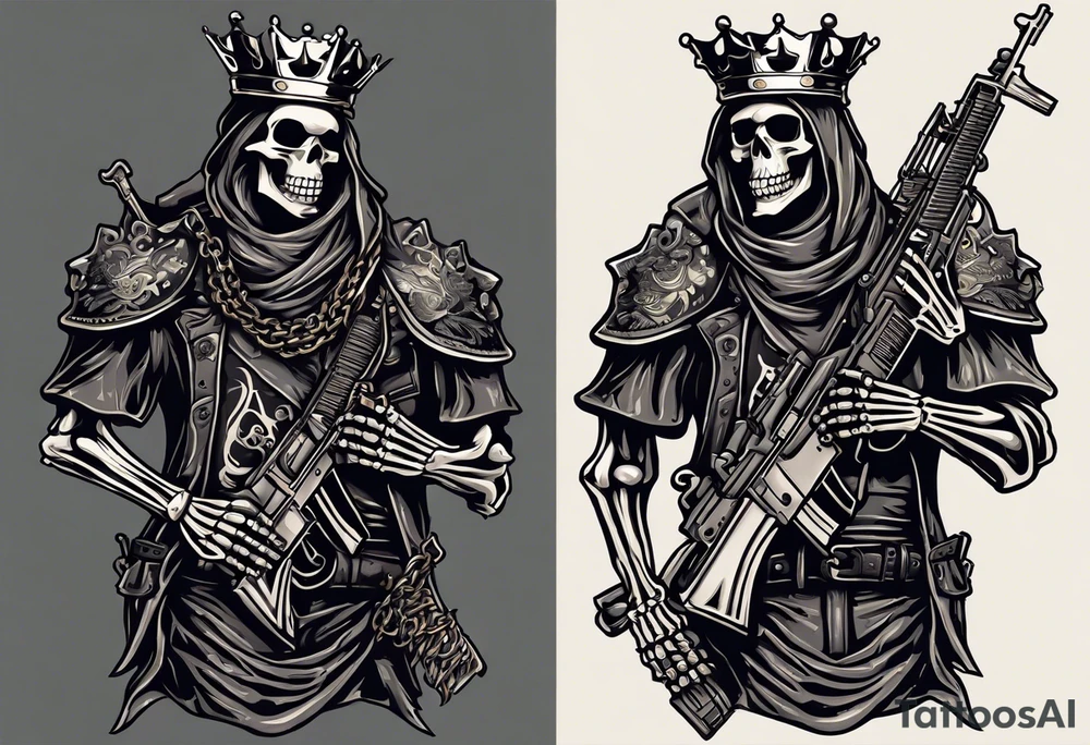 image of a skeleton standing frontally with a crown on his head, holding an AK-47 on his shoulder with his right hand. The chain on the left should be taut, there are three angry barking Dobermans in it, near the waist tattoo idea