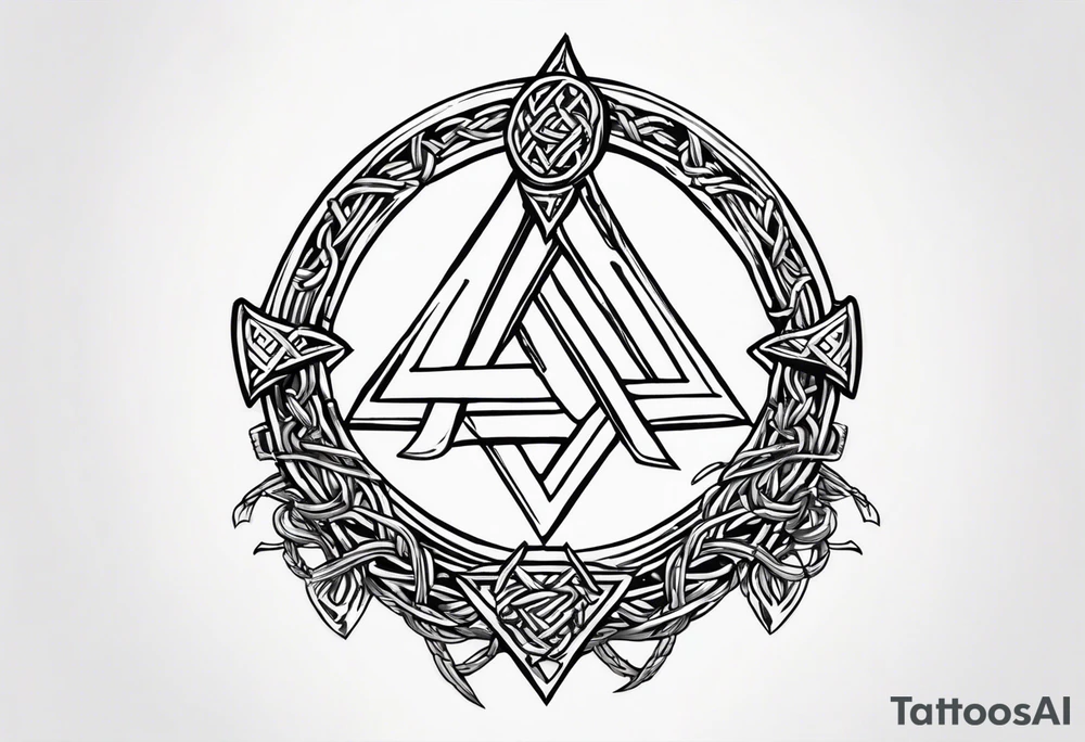 Valhalla sword shield axe barbed wire chains valknut tattoo idea