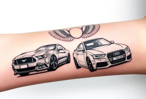 2014 Mustang GT driving down highway with 2015 Audi S5 with Angel wings and halo above 2015 Audi S5 tattoo idea