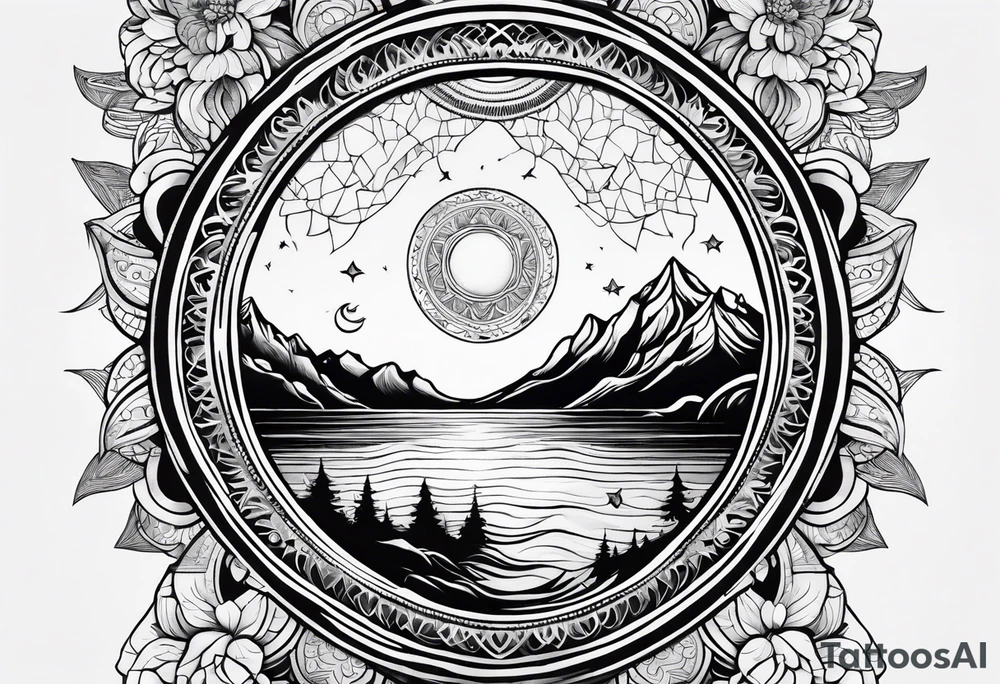 Rectangular arm tattoo around whole upper arm. Mandala inspired Design. Mountains, sea, Sky and moon are depicted. But everything seems to be upside down tattoo idea