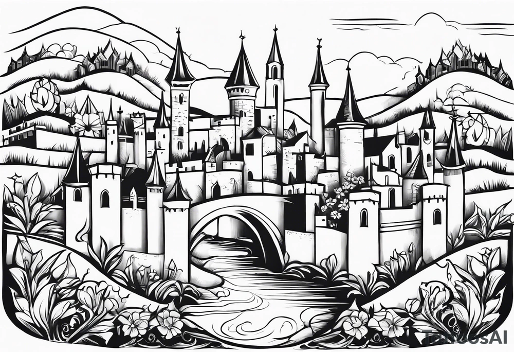medieval tribal city 
floral  land  vignette tattoo idea