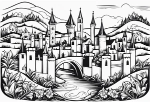 medieval tribal city 
floral  land  vignette tattoo idea