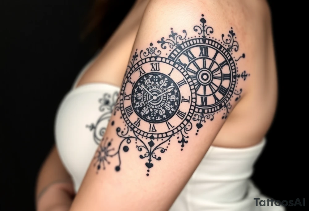 vintage roman numerals within ornate clockwork mechanism tattoo idea