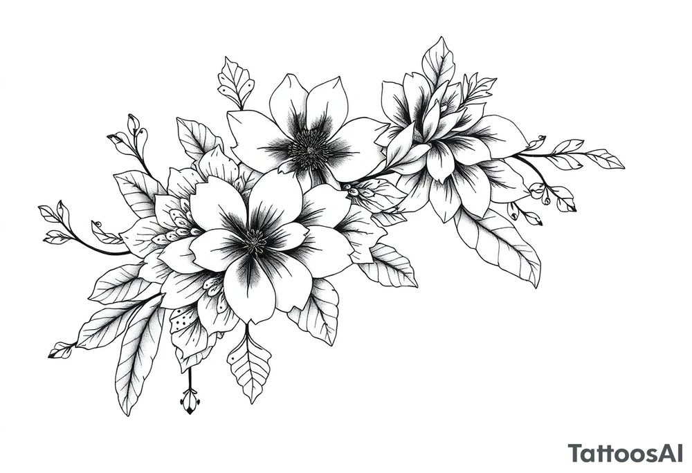 floral composition for sleeve with japanese vibe, mutiple ornemental patern and leaf, dot geometric ornement, lycoris tattoo idea