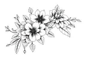 floral composition for sleeve with japanese vibe, mutiple ornemental patern and leaf, dot geometric ornement, lycoris tattoo idea