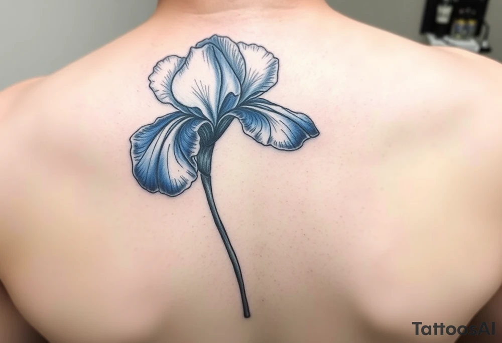 Single blue iris flower in the style of Van Gogh. One petal falling and one upright. tattoo idea