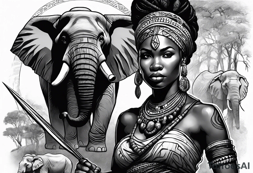 African woman warrior with tribe scars and spear in hand with elephants in background tattoo idea