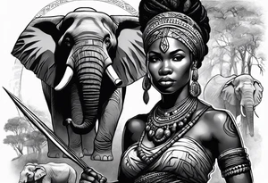 African woman warrior with tribe scars and spear in hand with elephants in background tattoo idea