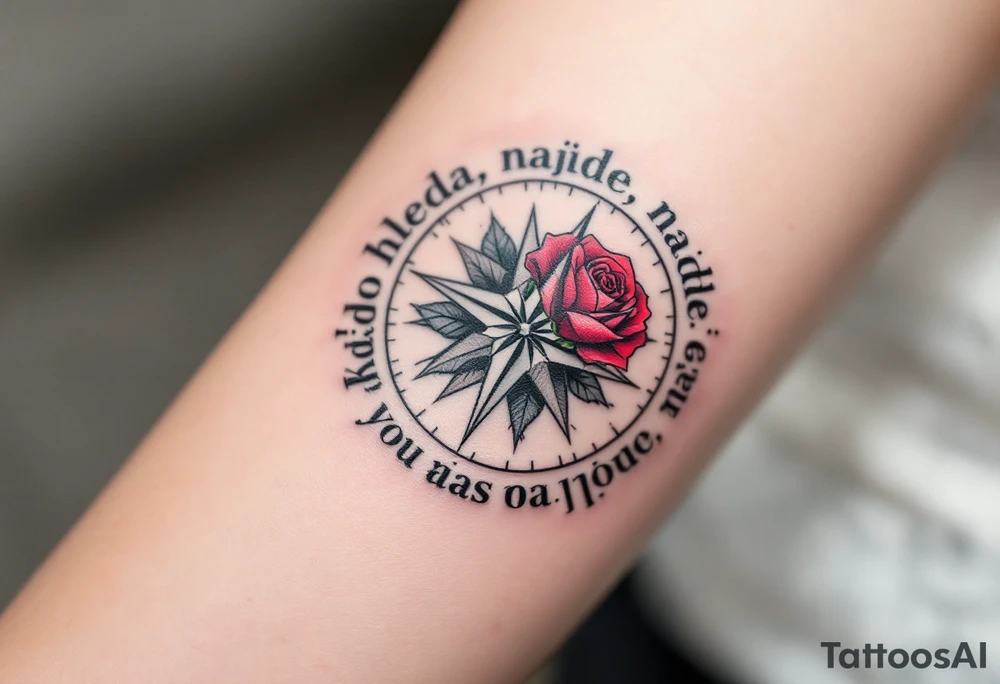 "Kdo hleda, najde." — A black compass with a crimson rose in the center, symbolizing the journey and discovery behind the words "Kdo hleda, najde" wrapped around the border. tattoo idea