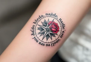 "Kdo hleda, najde." — A black compass with a crimson rose in the center, symbolizing the journey and discovery behind the words "Kdo hleda, najde" wrapped around the border. tattoo idea