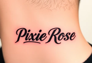 "PixieRose" in a gangsters Chicano calligraphy style font 
Tattoo idea above a man's eyebrow tattoo idea