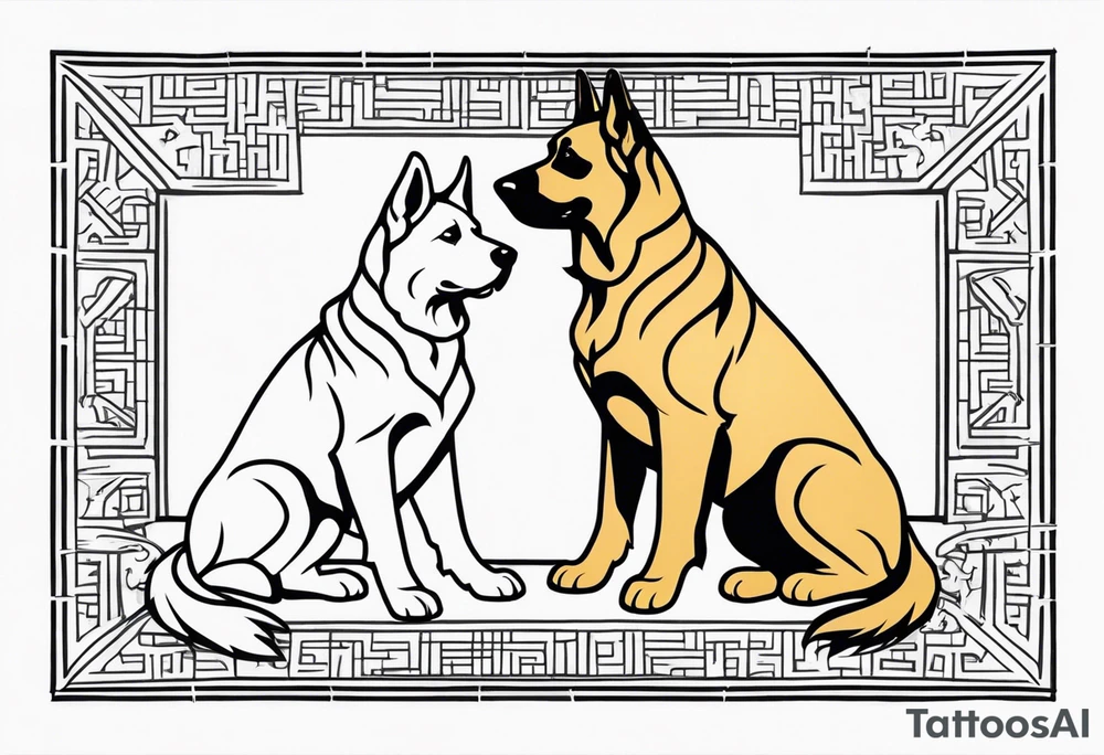 a golden retriever and a german shepherd both in jujitsu gis no pattern tattoo idea