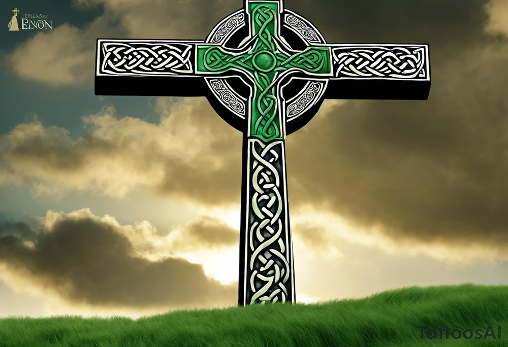 A large, weathered stone Celtic cross standing proudly atop a lush green hill, its four arms stretching skyward. The cross is intricately carved with intertwining knots and spirals, reflecting the artistry of the ancient Celts. A large raven sits perched at the intersection of the cross's arms, its ebony feathers gleaming in the soft light. The bird's eyes seem to hold a wisdom beyond its years, as if it has been witness to countless generations come and gone. tattoo idea