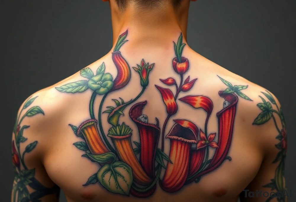 carnivorous plants neck, chest, back, and arm sleeves
I want these spots covered in these plants, ranging from venus fly traps to others
Make it masculine looking, I want it to look kinda like a plant guide book tattoo idea