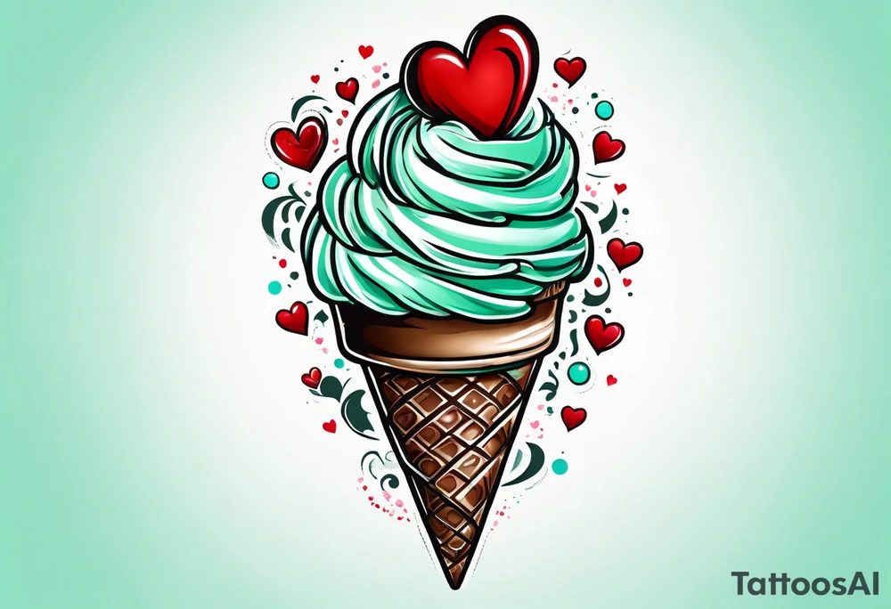 mint chocolate chip ice cream cone with small red heart on it somewhere. tattoo idea