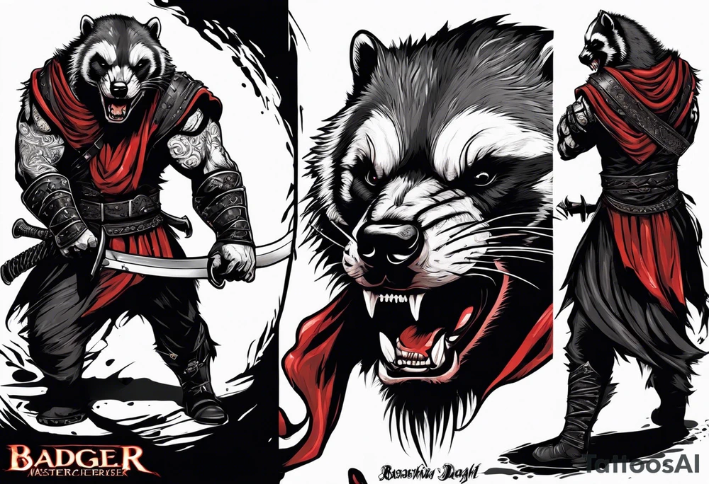 Draw me psychopath Honey Badger/Berserker/Assassin with aggressive full body, killer face with a scary smile, very long nails and he attacks like a Bloody Assassin/Warrior/Gladiator to us and also, he has very deadly looking. He fights with his nails only. Everybody scares after their first sight. Give me horror type Badger Tattoo. I want to see his Realistic full body with no weapons. You can show destruction at the back. tattoo idea