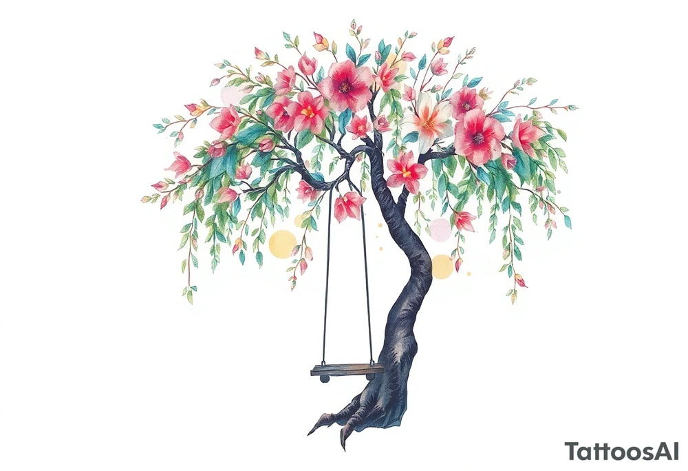 Willow tree with 7 branches with a swing hanging from one with florals tattoo idea