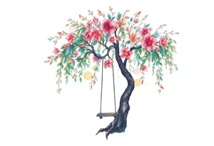 Willow tree with 7 branches with a swing hanging from one with florals tattoo idea