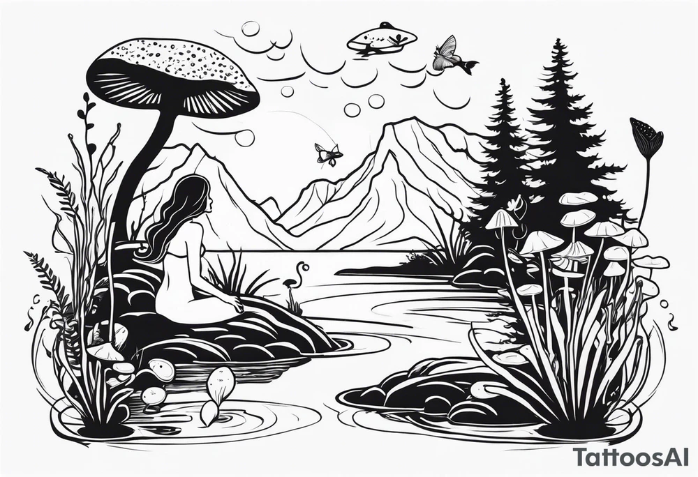A swamp that has cypress trees, mushrooms, wild flowers, lily pads, frogs, and bugs with a mermaid in the background that is singing music. tattoo idea