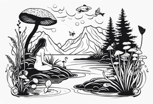 A swamp that has cypress trees, mushrooms, wild flowers, lily pads, frogs, and bugs with a mermaid in the background that is singing music. tattoo idea