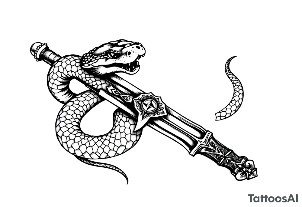 mystical snake coiled around an ancient dagger with jeweled hilt tattoo idea