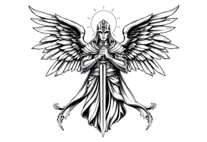 Holy Archangel, Biblical, Christianity, Hebrew, Guards of Christianity, Holding a sword, has six wings, wearing helmet, halo, seraphim tattoo idea