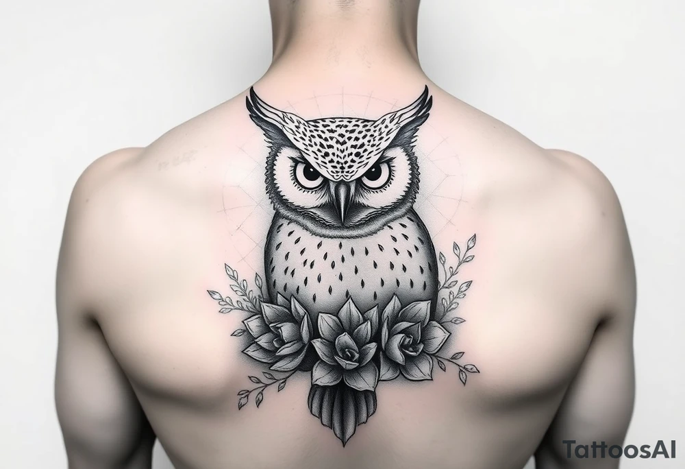 Horned Owl with Succulents tattoo idea
