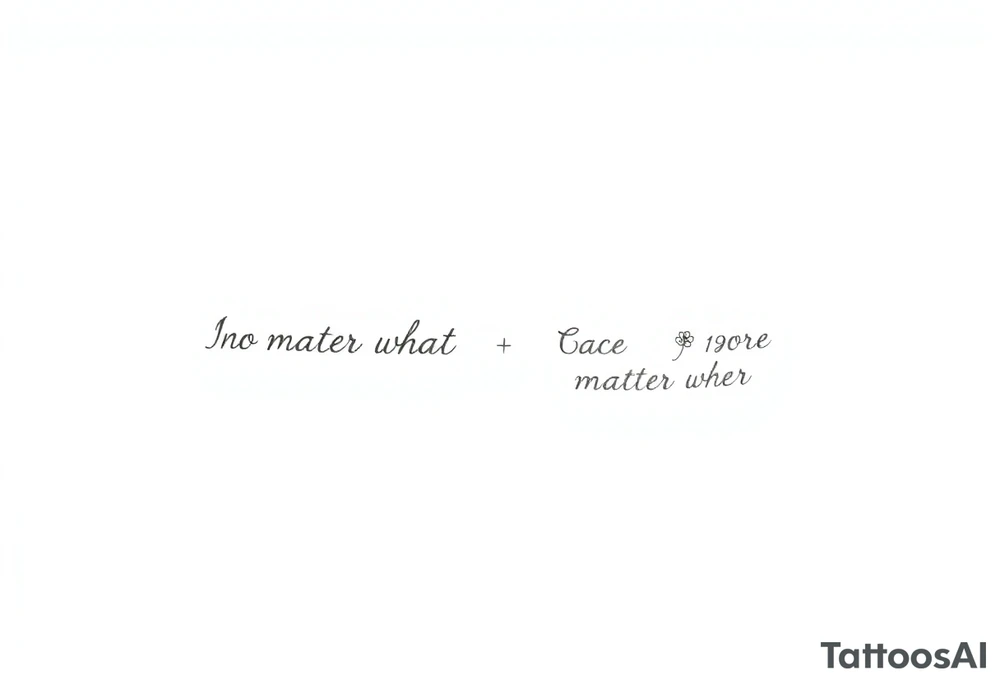 A delicate cursive tattoo with the quote ‘No matter what’ (for one person) and ‘No matter where’ (for the other), placed along the collarbone. At the end of each quote, incorporate a soft, feminine flower design — such as a small lotus, daisy, or wildflower — that flows naturally from the end of the text, as if the flower is part of the lettering or subtly blooming from the last word.

Design should feel light, elegant, and symbolic of connection and unconditional love between mother and daughter. Style should be fine line or single-needle, black ink only, minimalistic and graceful. tattoo idea